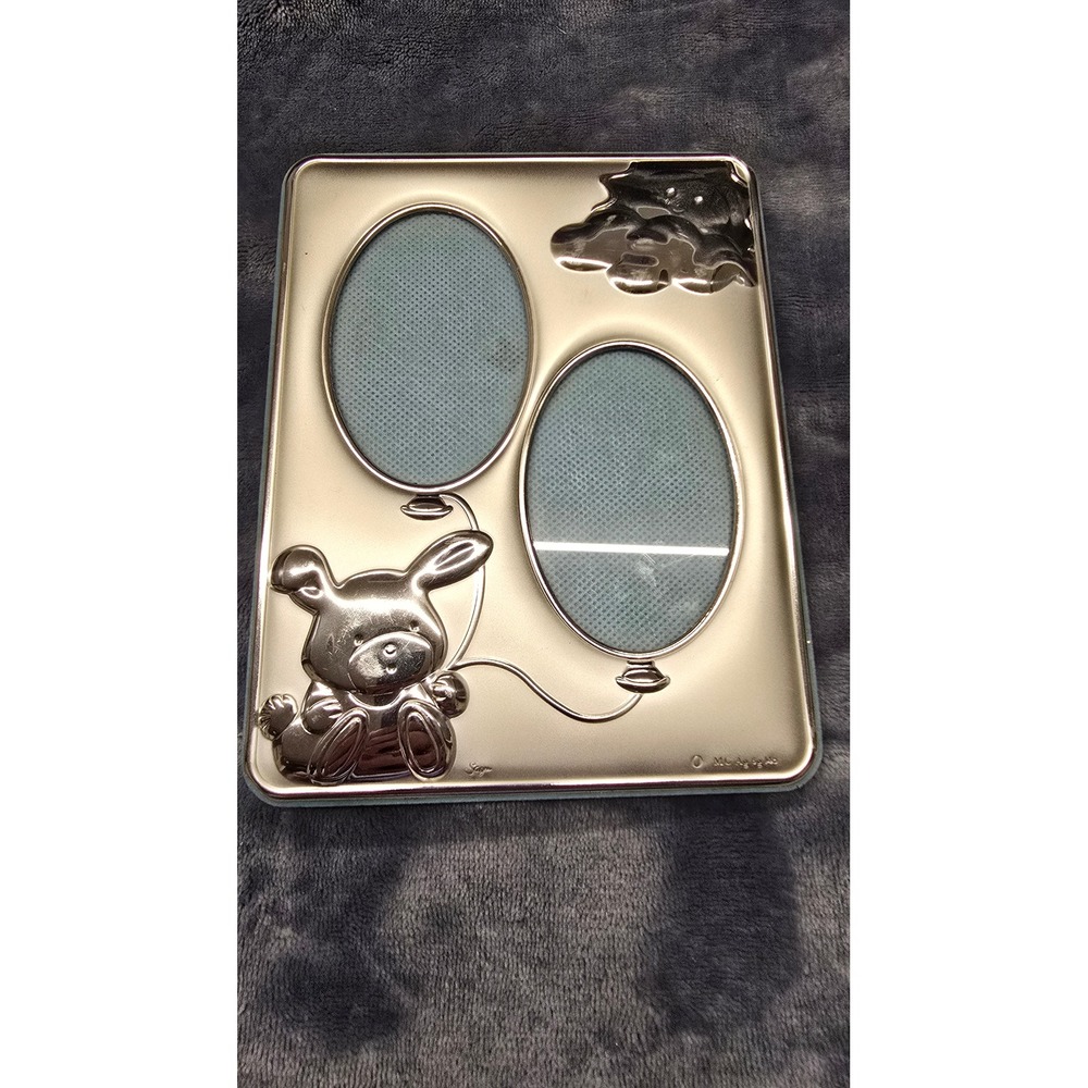 Saga Silver Plated Teddy Bear Double Oval Photo Frame Blue Velvet Back Baby Gift